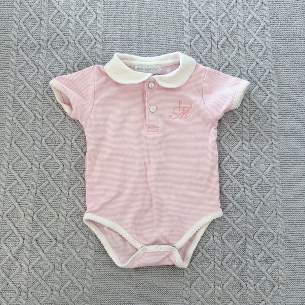 Pink & White Striped Golf Baby Bodysuit with Embroidered M Monogram & Flagstick